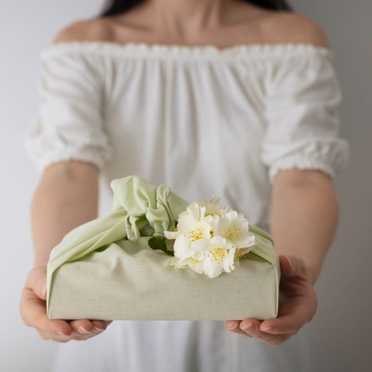 front-view-woman-with-furoshiki-package